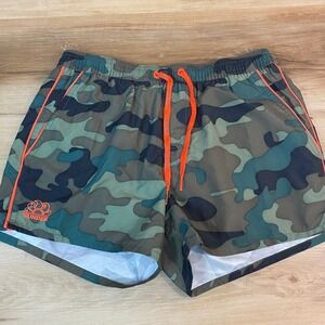 Sundek Camo Swim Trunks Mens Small Orange Trim Elastic Waist Drawstring Pockets
